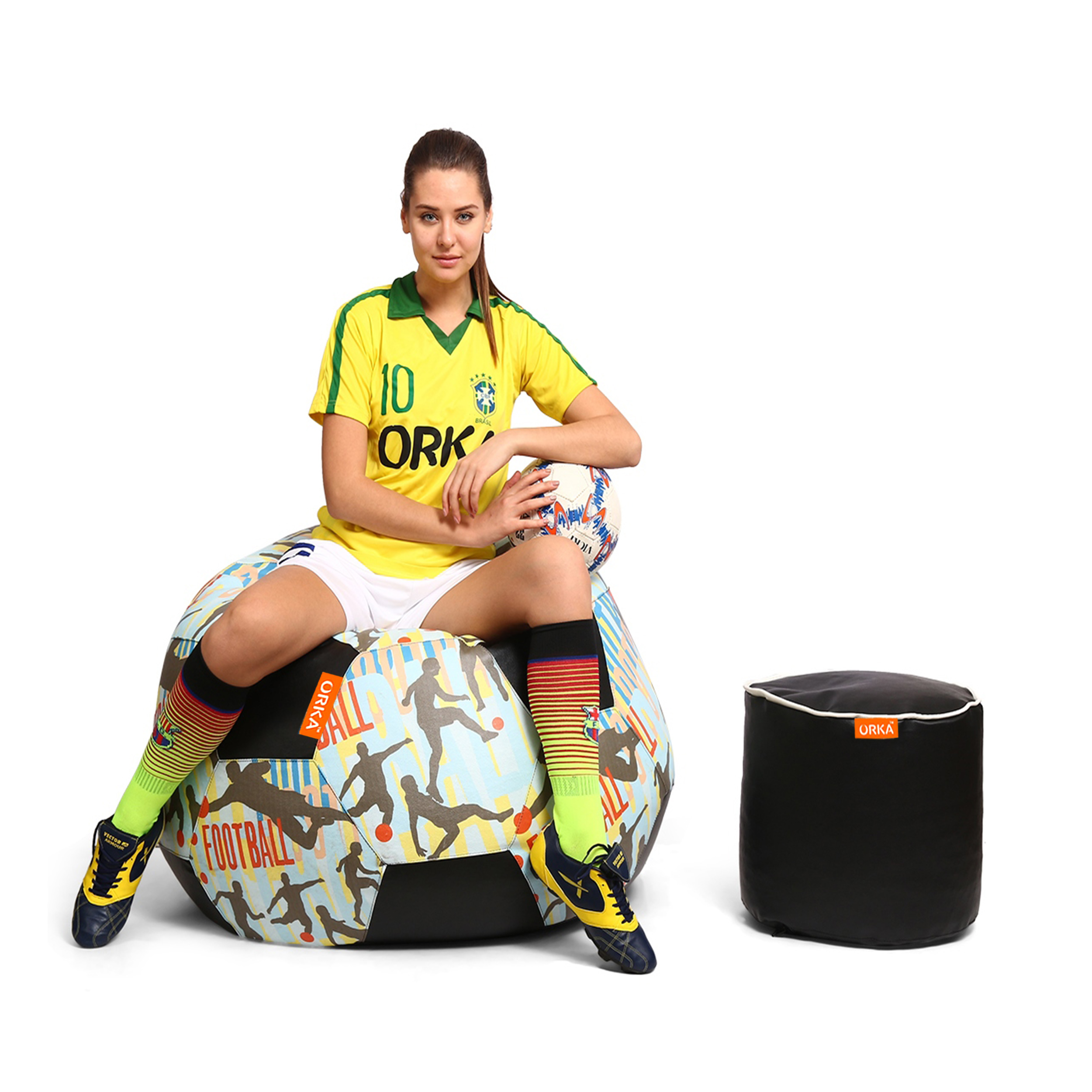 Orka Digital Printed XXL Foorball With Mathching Footstool Filled Bean Bag With Beans (FB45 Multicolor)